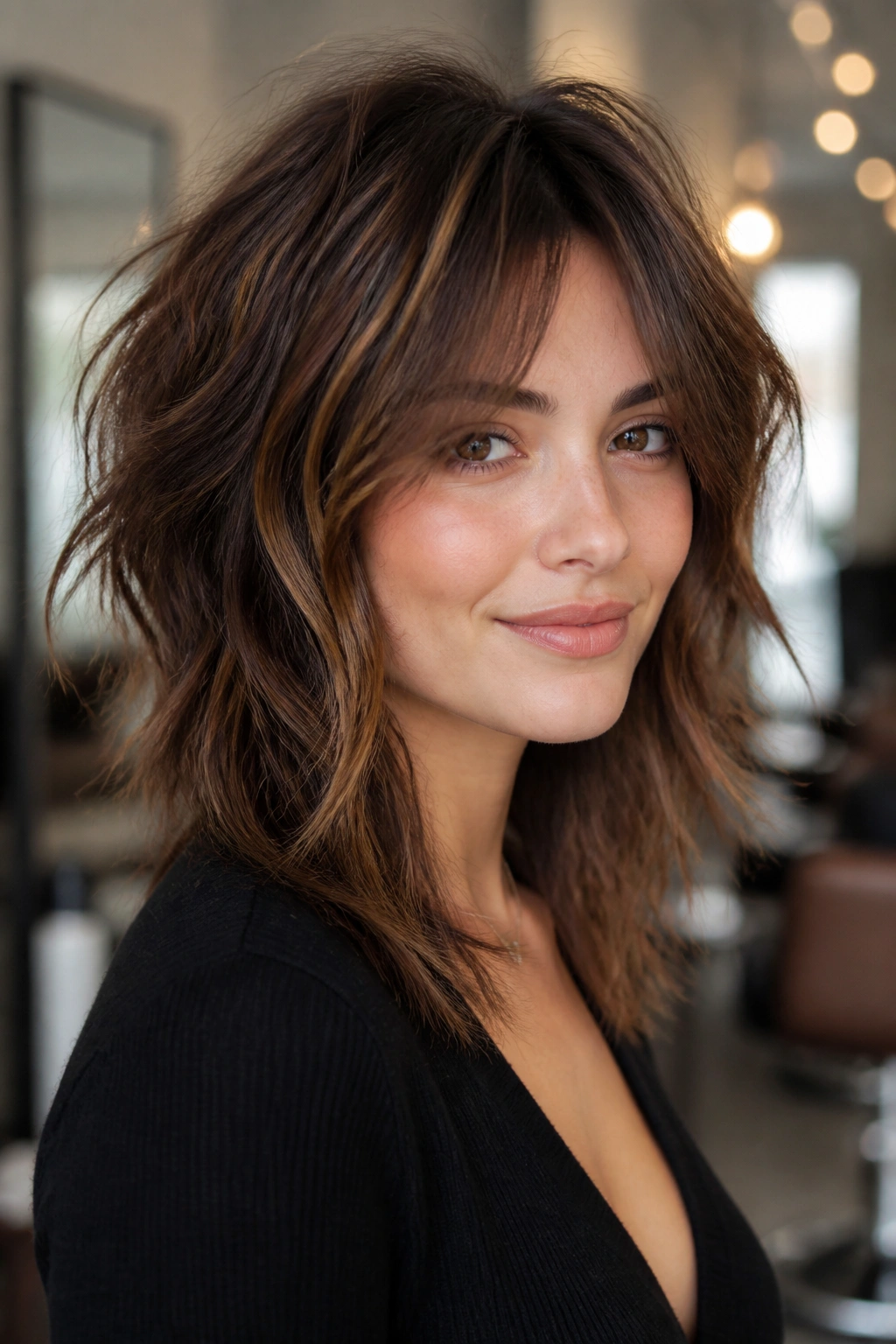 Real woman with brunette shag and broken-up brightness