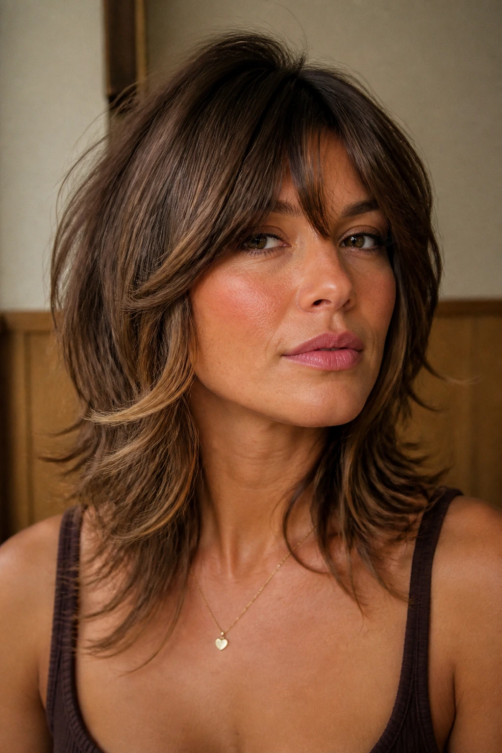 Close-up of a real woman with brunette shag and soft contour highlights.