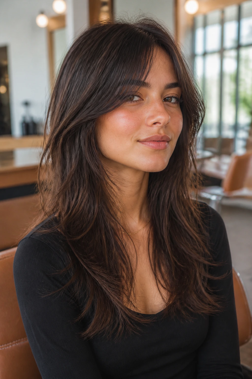 Close-up of brunette with long razor shag soft ends