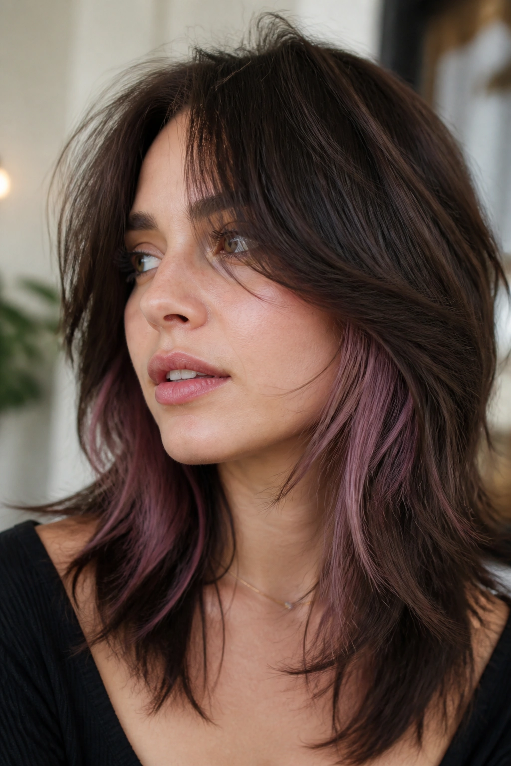 Close-up of a real woman with brunette shag and mauve peekaboo panels in window light