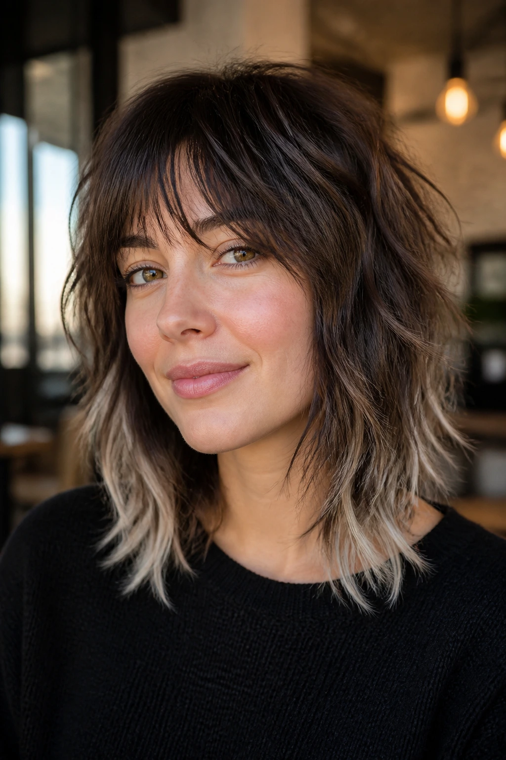 Close-up of a real woman with a brunette shag and silver ends in a cozy salon.