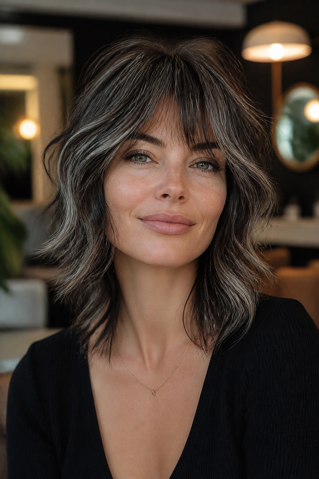 Portrait of a woman with brunette shag and silver streaks
