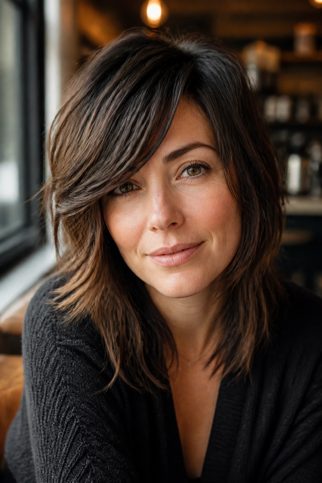 Close-up of brunette with side-part swooping fringe shag