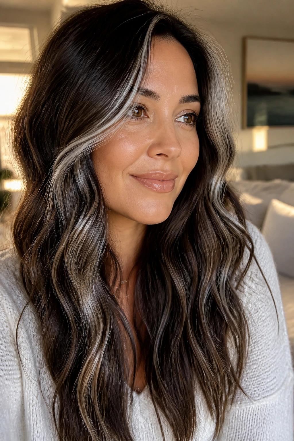 Close-up of brunette waves with pearl-silver streaks on a real person
