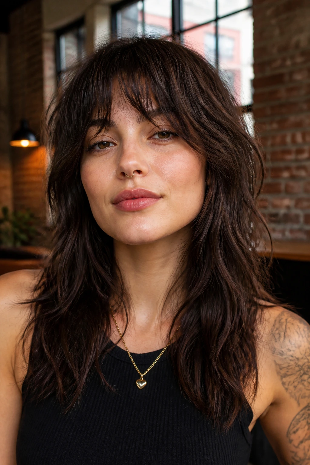 Close-up of a person with brunette wolf cut and broken fringe