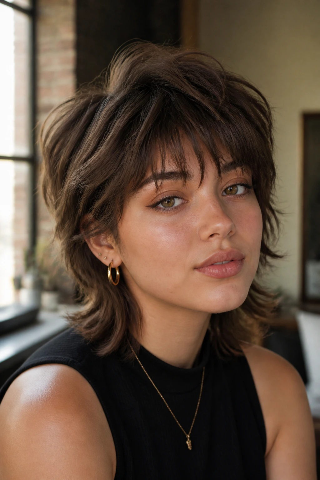 Close-up of a real woman with a brunette wolf cut mini in an airy loft