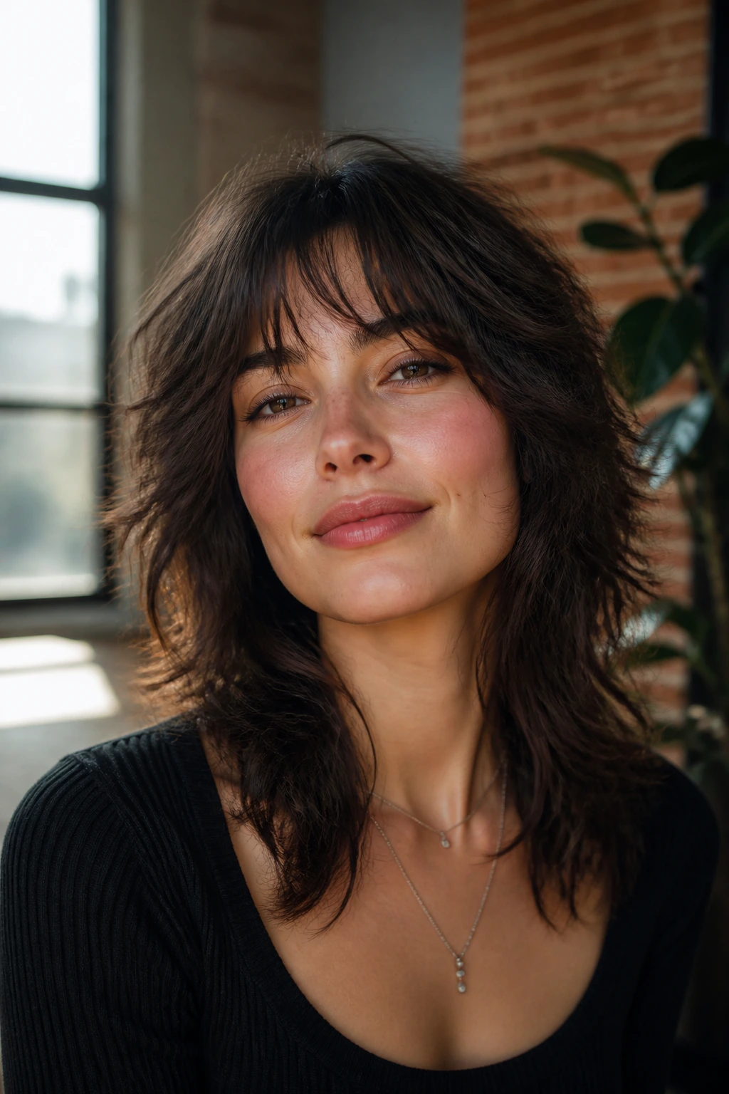 Brunette woman with soft wolf shag close-up