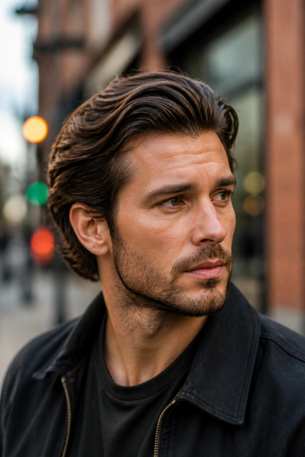 Close-up of man with hair brushed back in a natural wave.