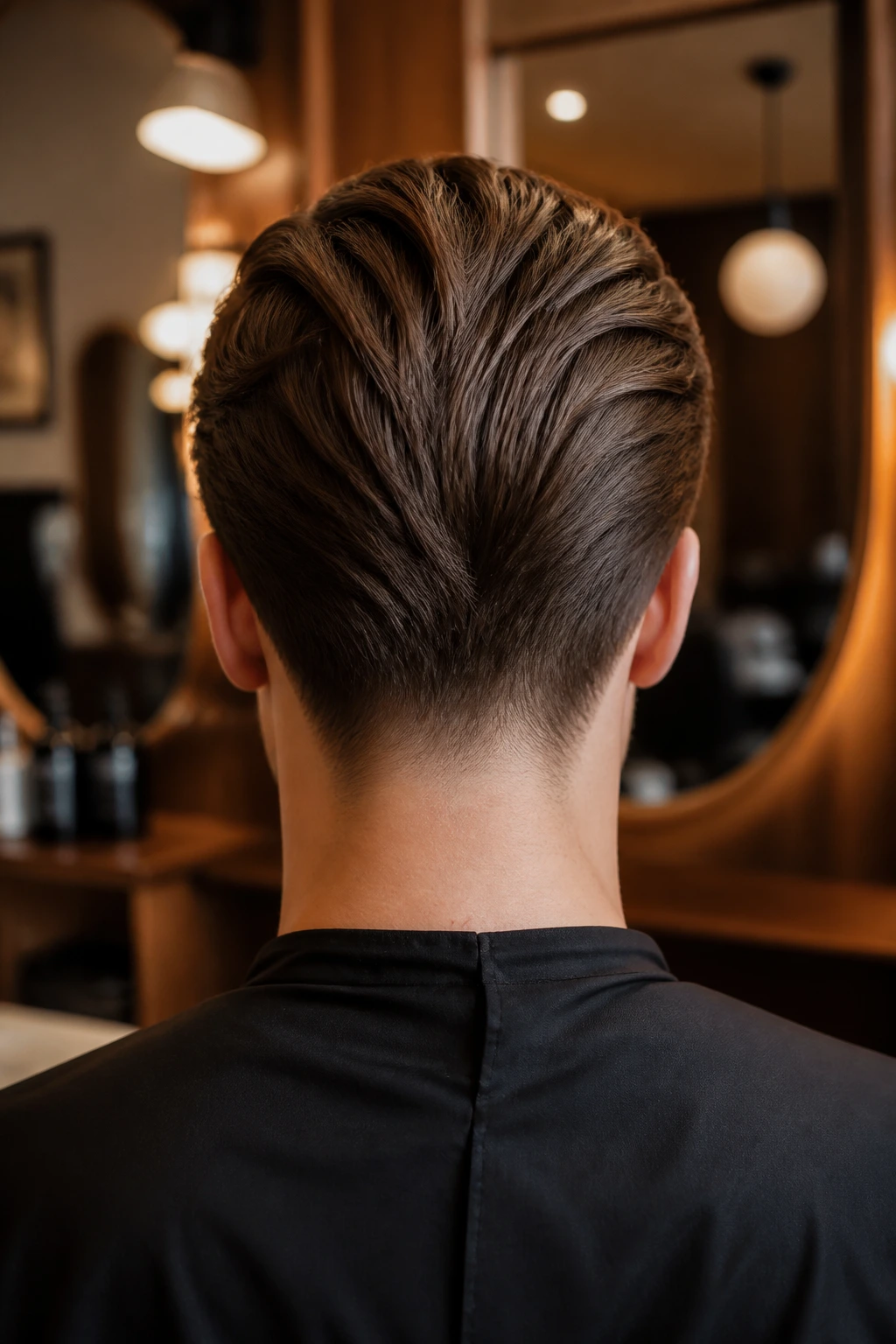 Back-of-head portrait showing brush-back hairstyle with tapered neckline