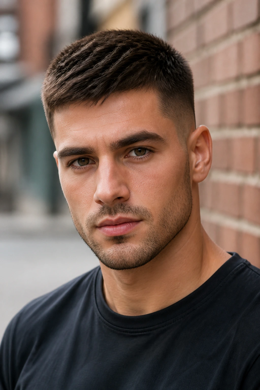Real man with a brush cut hairstyle in urban daylight portrait.