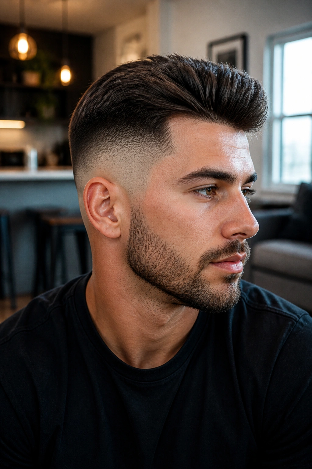 Portrait of a man with a brush-up hairstyle and clean fade in a modern setting