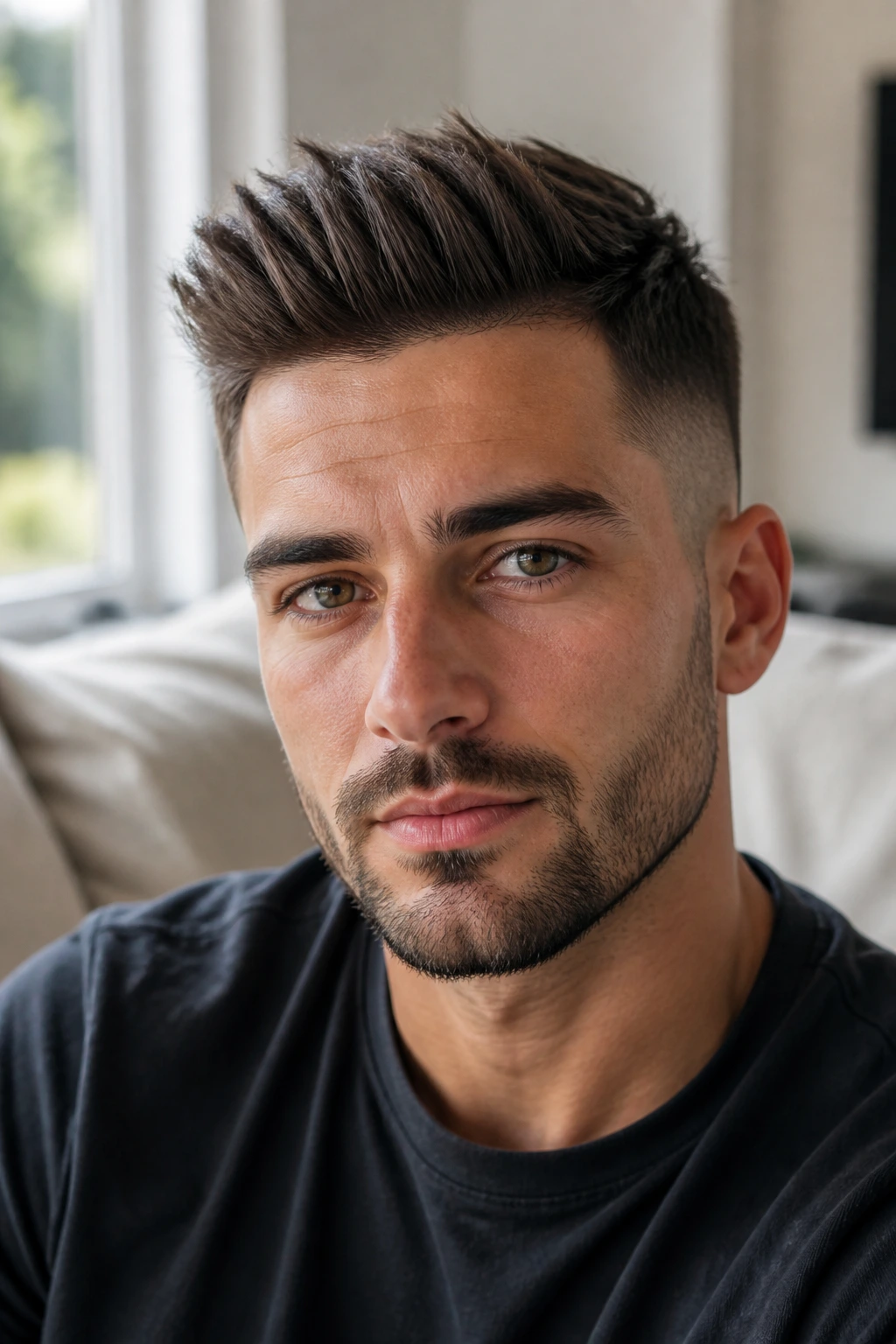 Close-up portrait of a man with Brush Up Fade hairstyle in a bright home interior