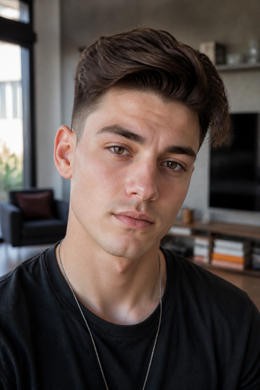 Close-up of a man with a brush-up hairstyle featuring a heavier side in a living room setting.