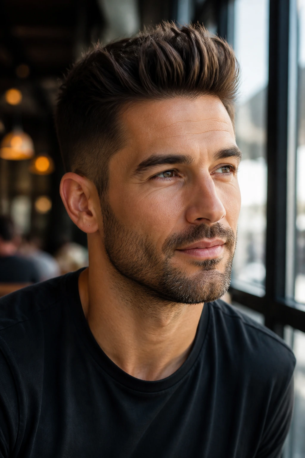Man with brush-up hairstyle featuring lifted textured front.