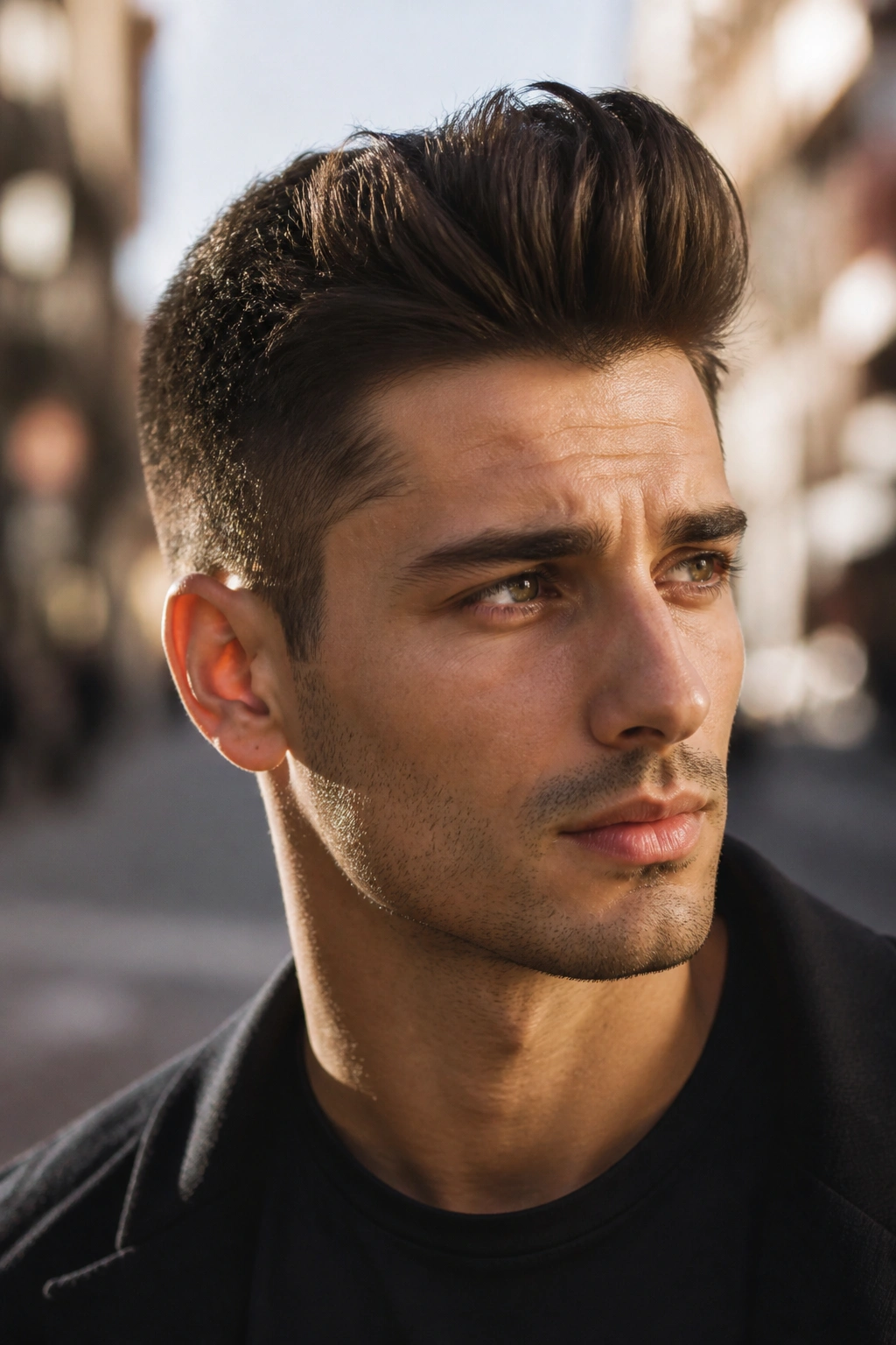 Close-up portrait of a man with a brush up hairstyle under street lighting