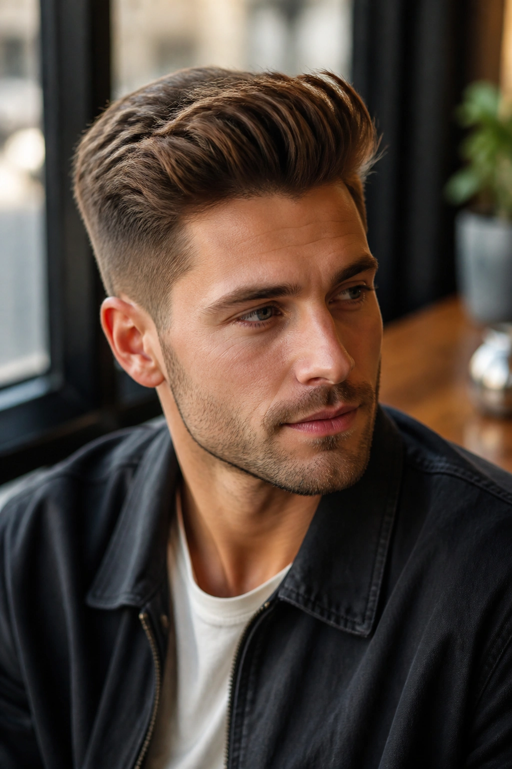 Close-up of a man with a classic brush-up quiff in a cafe window setting