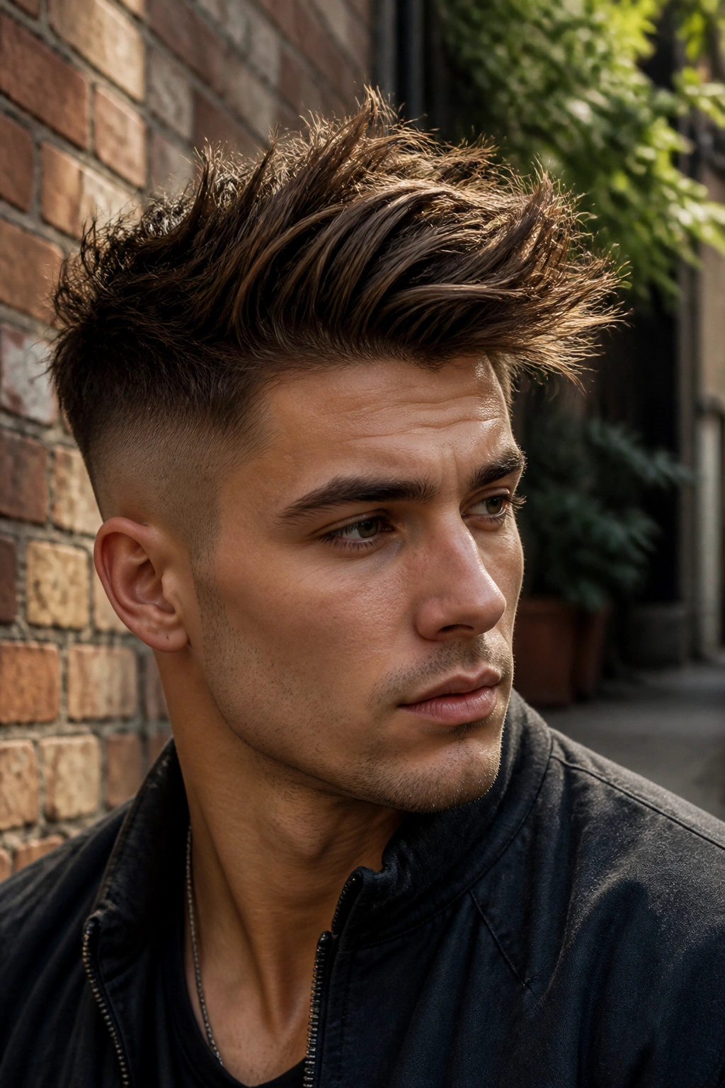 Close-up portrait of a man with a messy brush-up undercut in an urban setting.