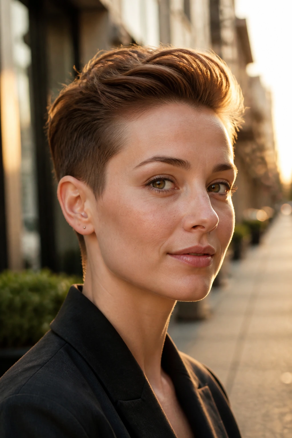Close-up of real person with brushed-back crop in golden-hour light