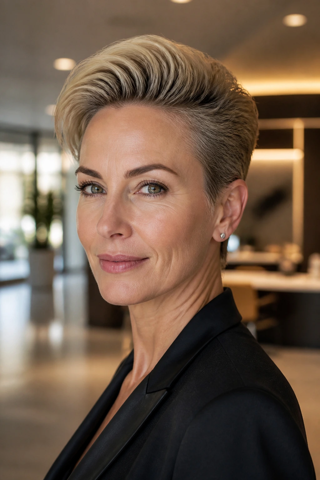 Close-up of a real person with brushed-back pixie hairstyle in a modern setting