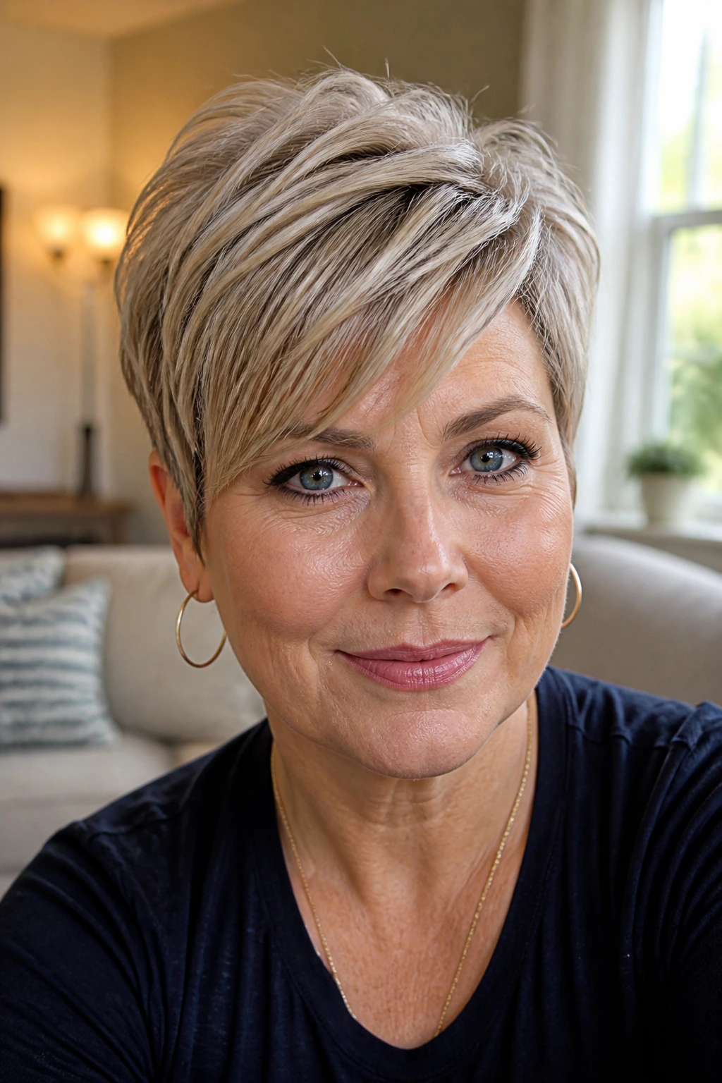 Close-up portrait of a woman with brushed-forward fringe pixie and lifted crown in natural light