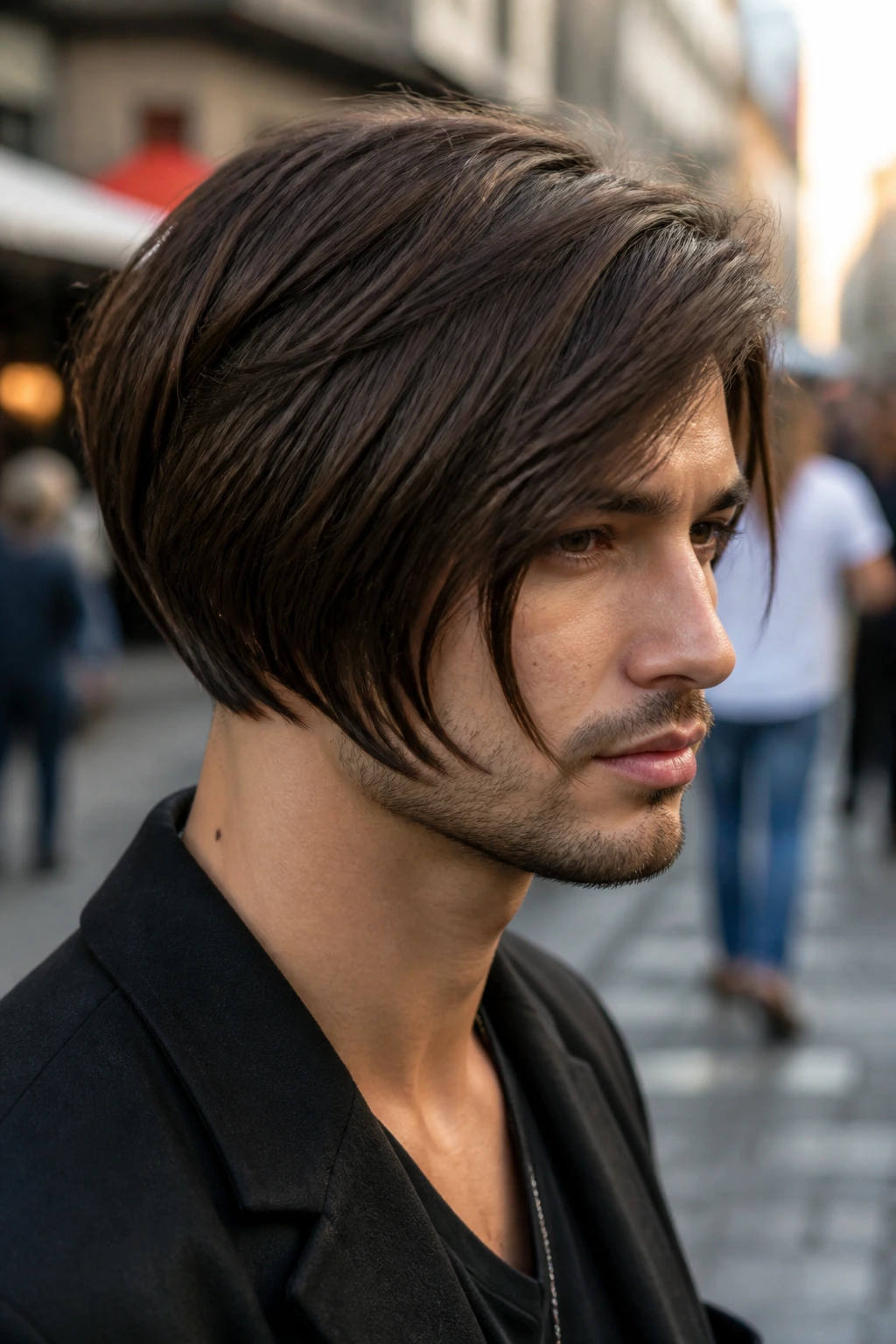 Close-up portrait of a man with Brushed-Forward Inverted Bob front brushed forward.