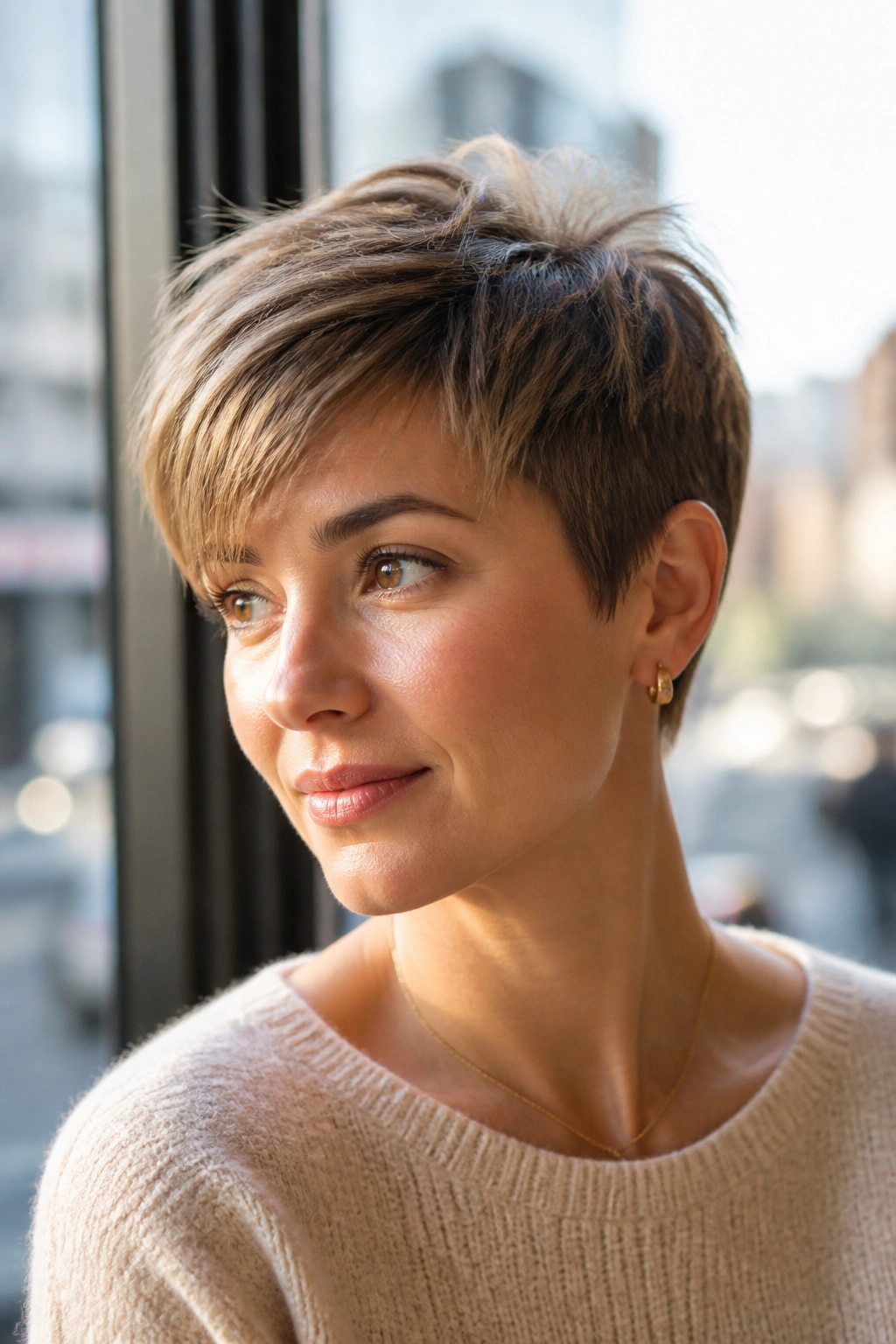 Real woman with brushed-forward pixie, front hair lifted and airy.