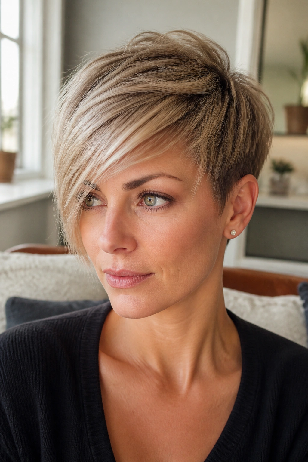 Close-up of a real woman's Brushed-Forward Asymmetrical Pixie, top brushed forward and longer diagonal side.