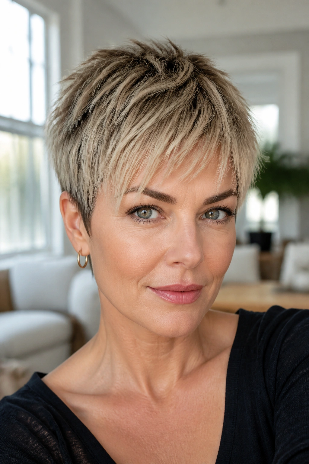 Close-up of brushed-forward pixie with choppy ends on real woman