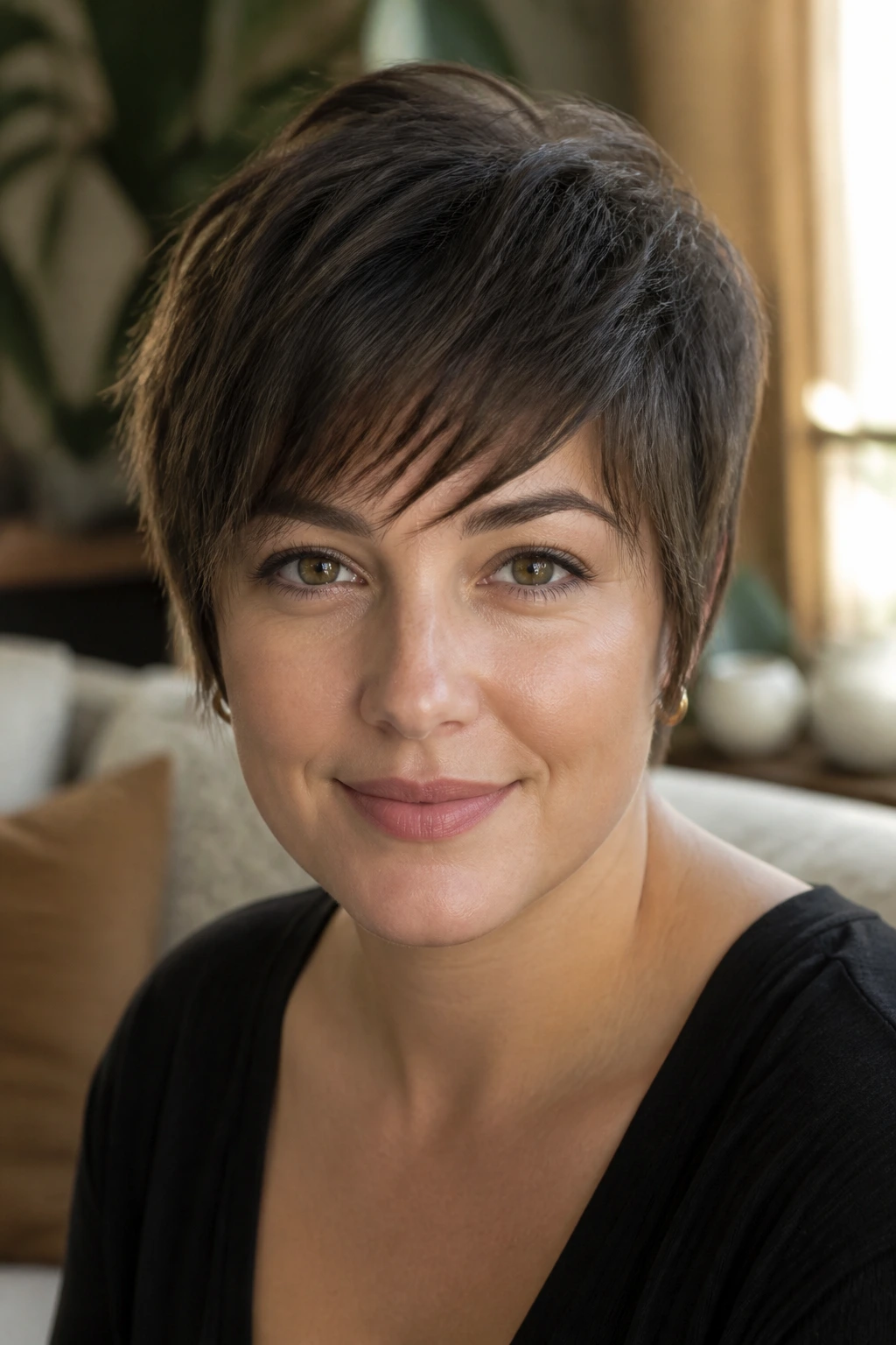 Close-up of a real woman with a forward-brushed pixie and soft edges