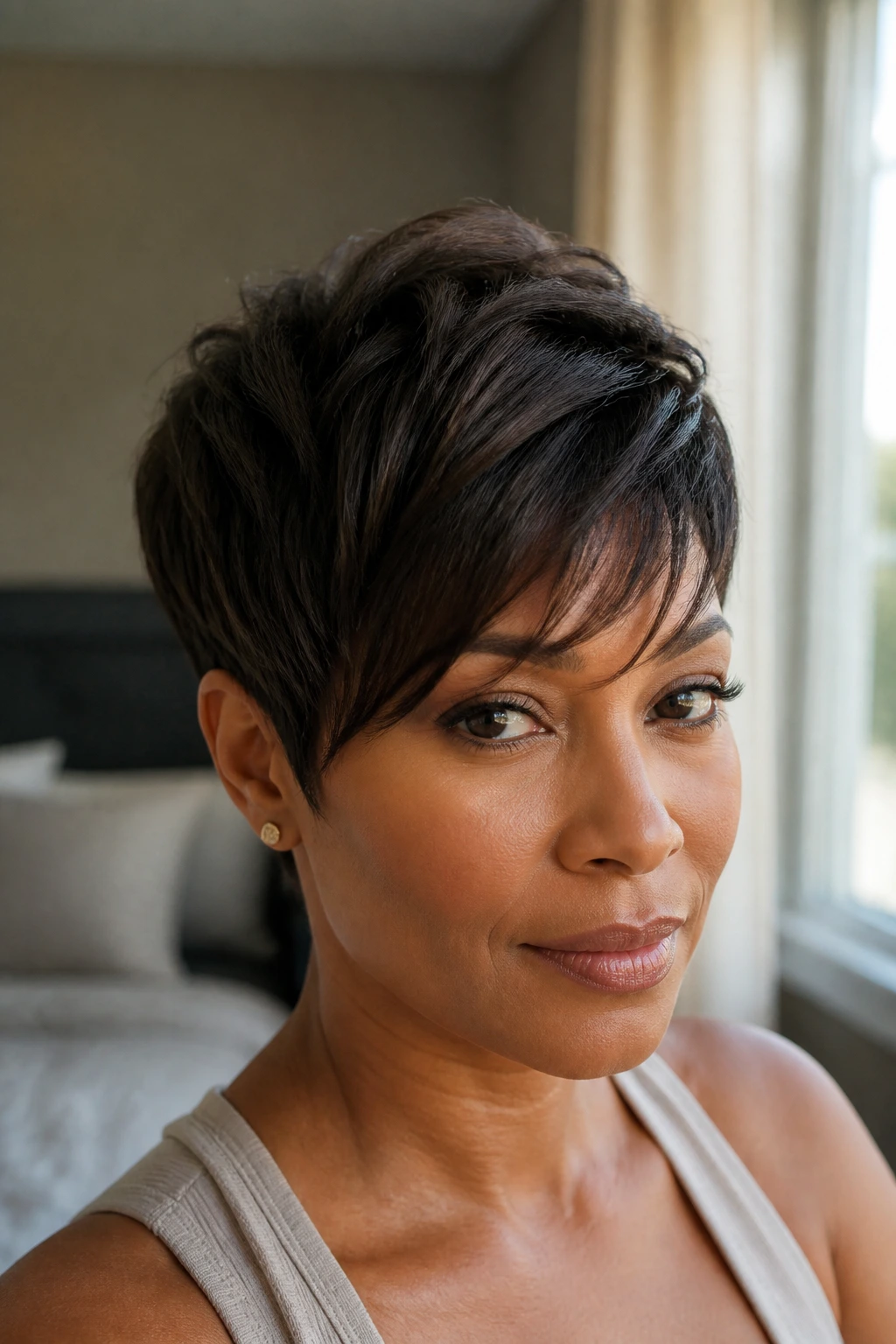 Close-up of a real Black woman with a brushed-forward pixie showing face-framing texture and fuller crown under warm window light
