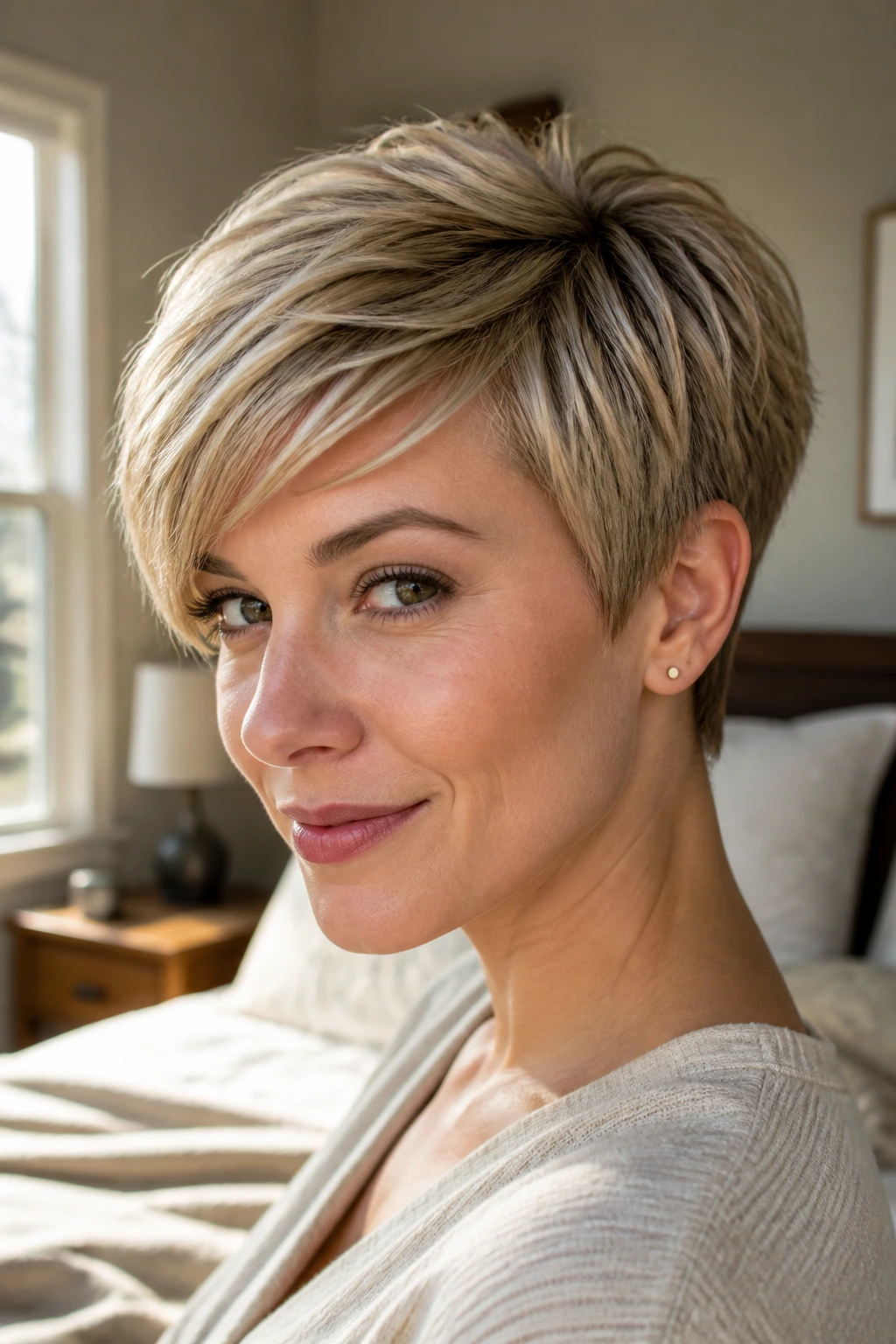 Close-up portrait of a real woman with a brushed-forward pixie hairstyle