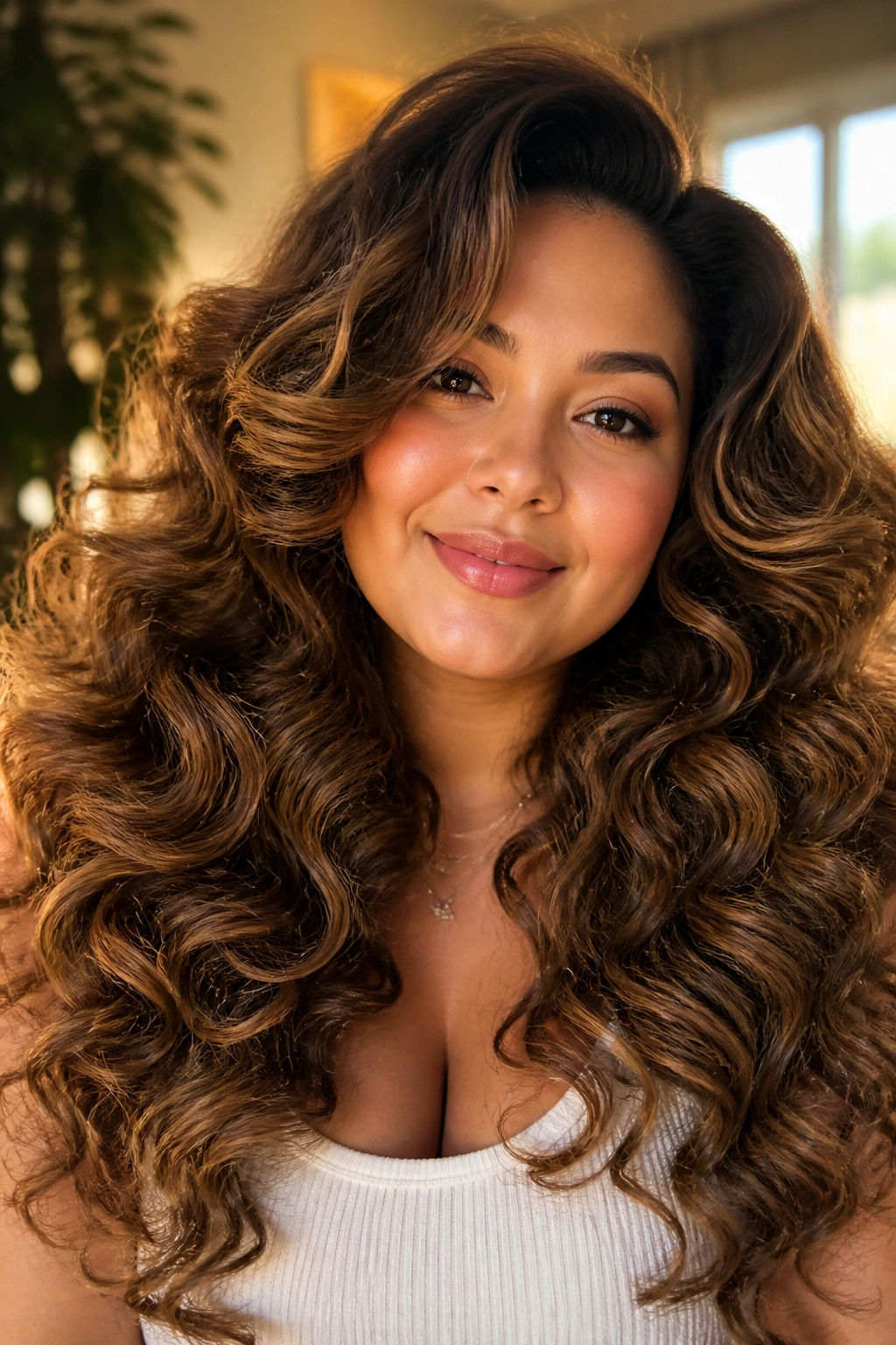 Close-up of a real woman with brushed-out glam curls in warm natural light