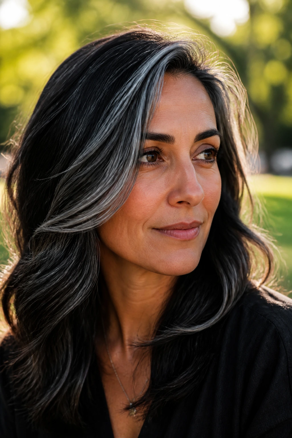 Real person with natural black hair and brushed silver streaks around the front and crown.