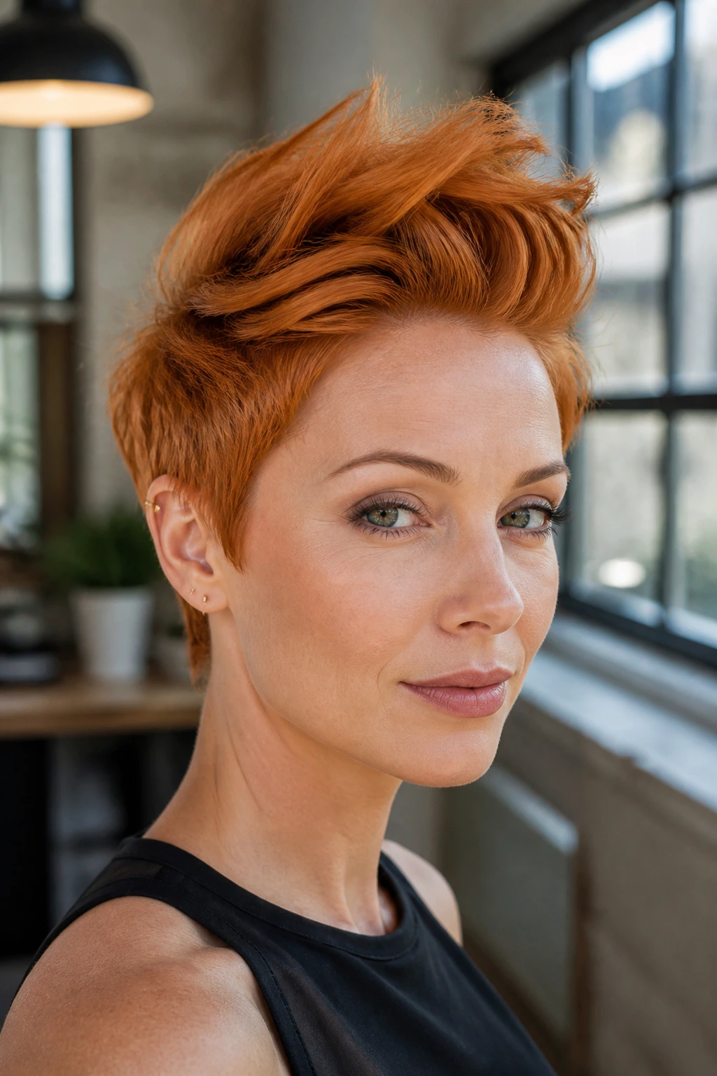Close-up portrait of a real woman with brushed-up ginger pixie.