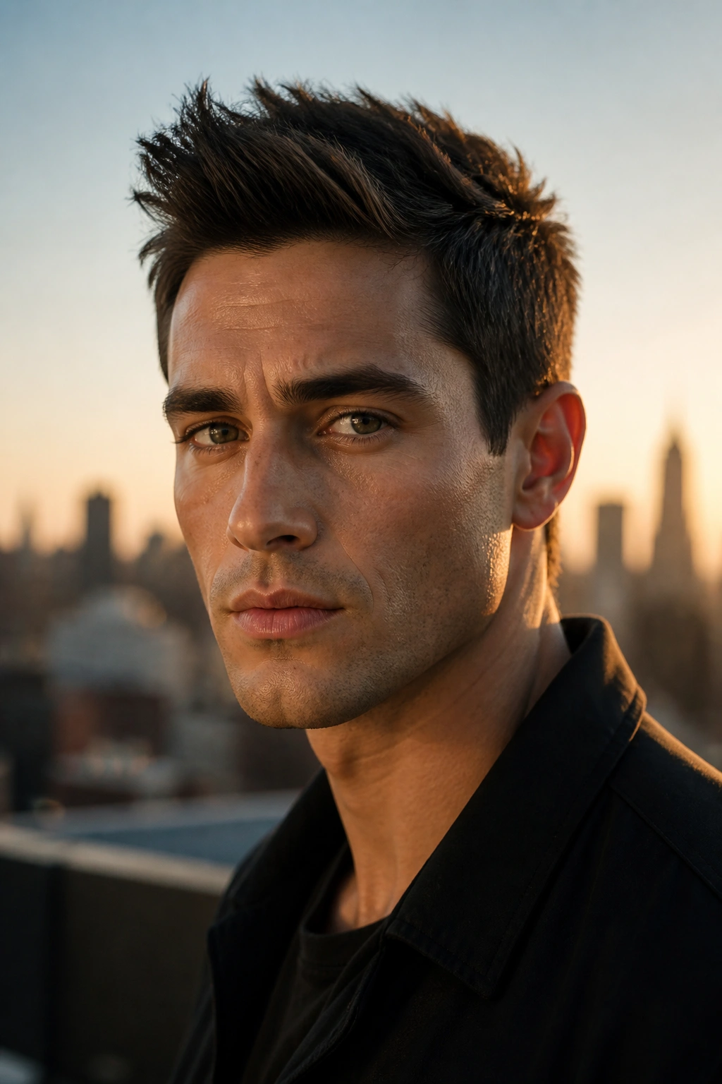 Portrait of man with brushed-up pixie haircut on rooftop at golden hour.