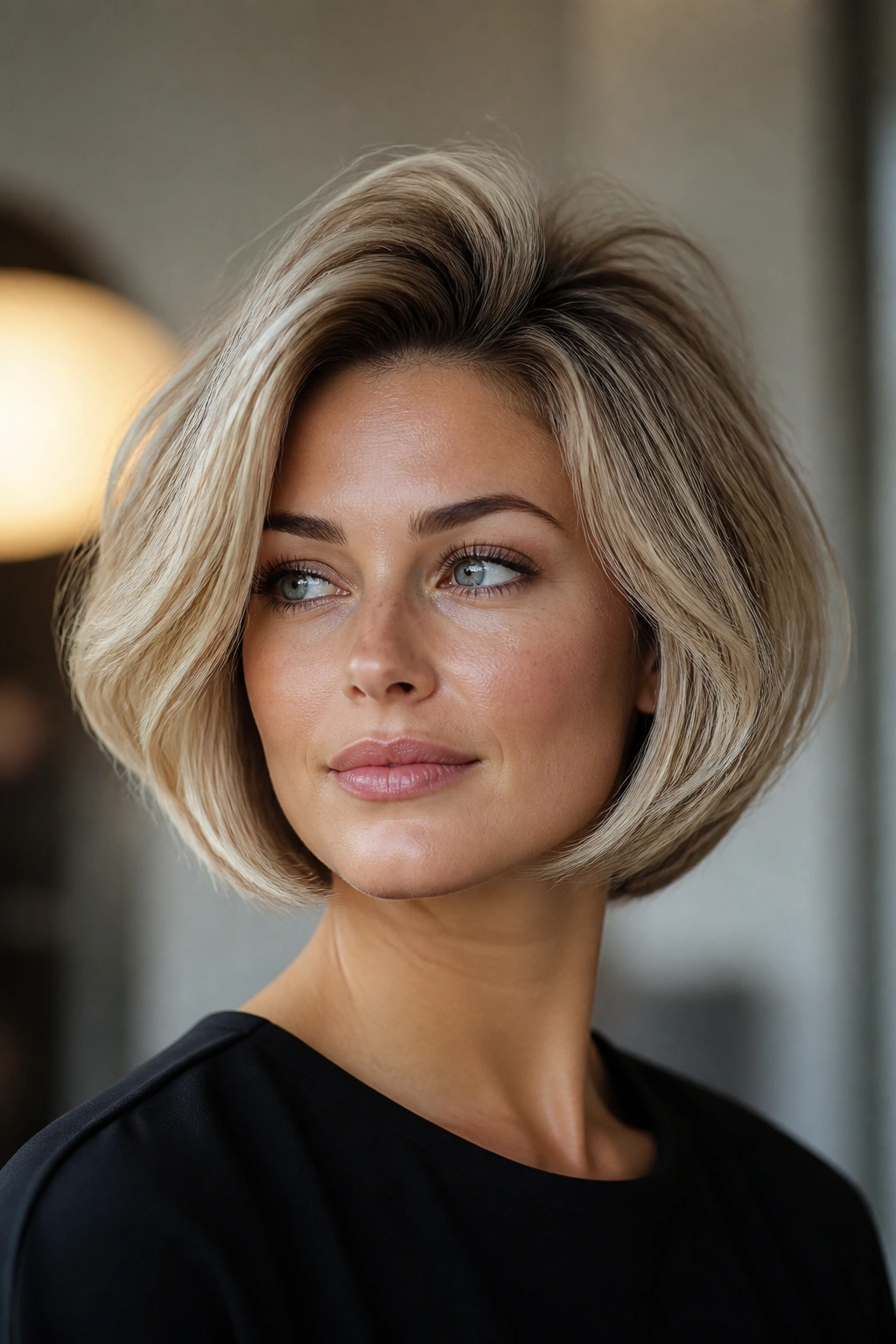 Close-up of a real woman with a bubble bob and crown lift