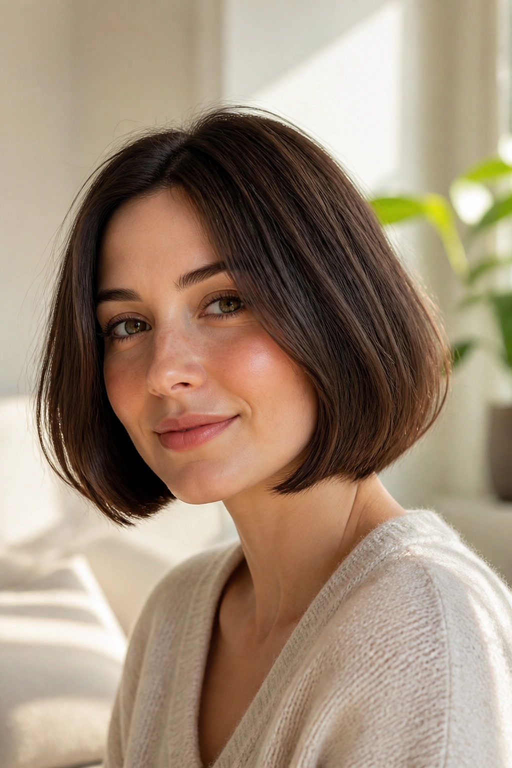 Close-up of a real woman with a Bubble Bob haircut, chin-length with curved-under ends, in a sunlit living room.