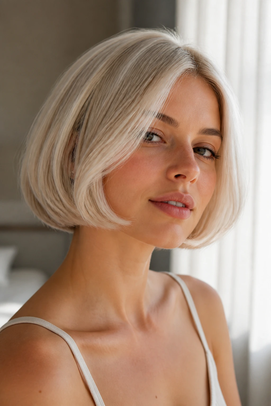 Close-up portrait of a real woman with a bubble bob hairstyle