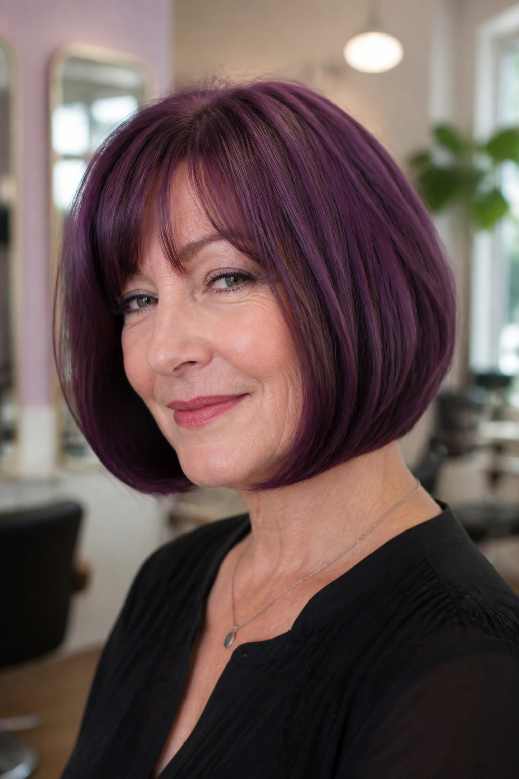 Bubble bob on a real woman with a rounded silhouette and purple shine.