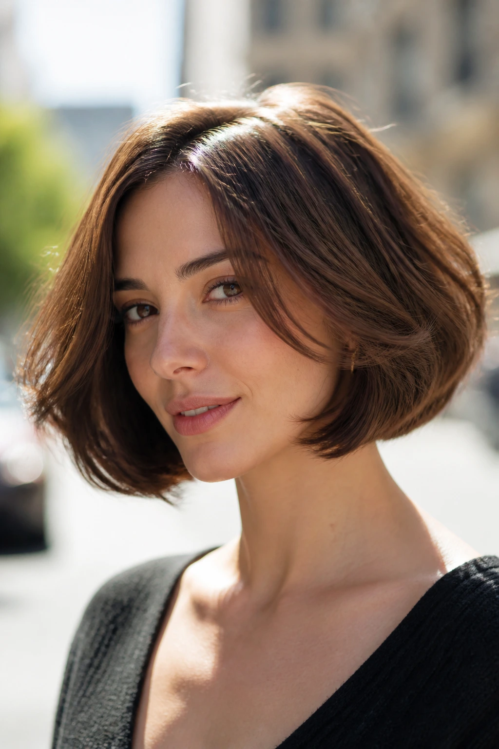 Portrait of a woman with a bubble bob showing fullness through the crown