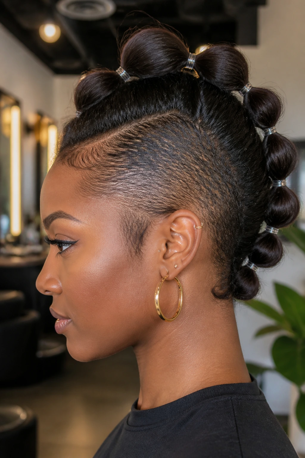 Close-up of a real woman with bubble braided mohawk showing rounded bubble sections along the center.