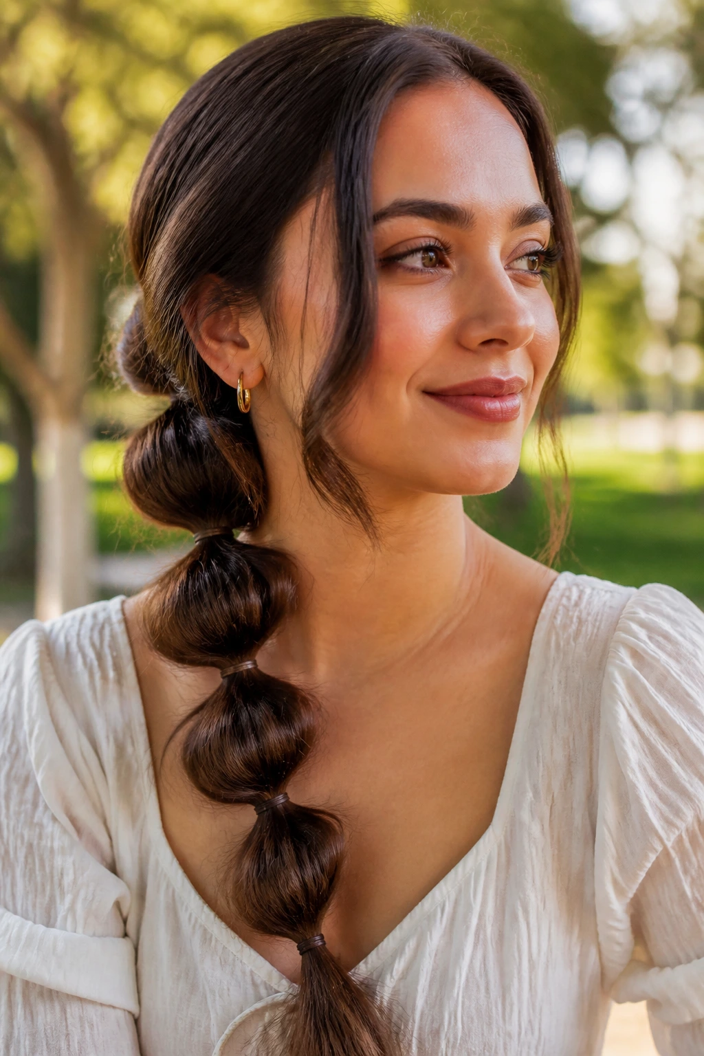 Real woman with bubble braid along the side, bubbles visible in natural daylight outdoors