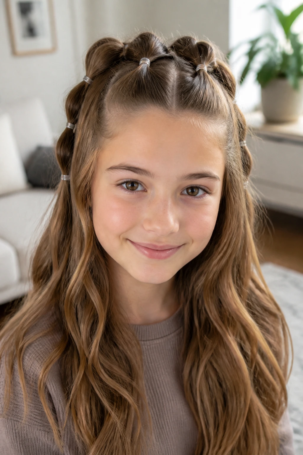 Close-up of a girl with half-up bubble braids under soft light