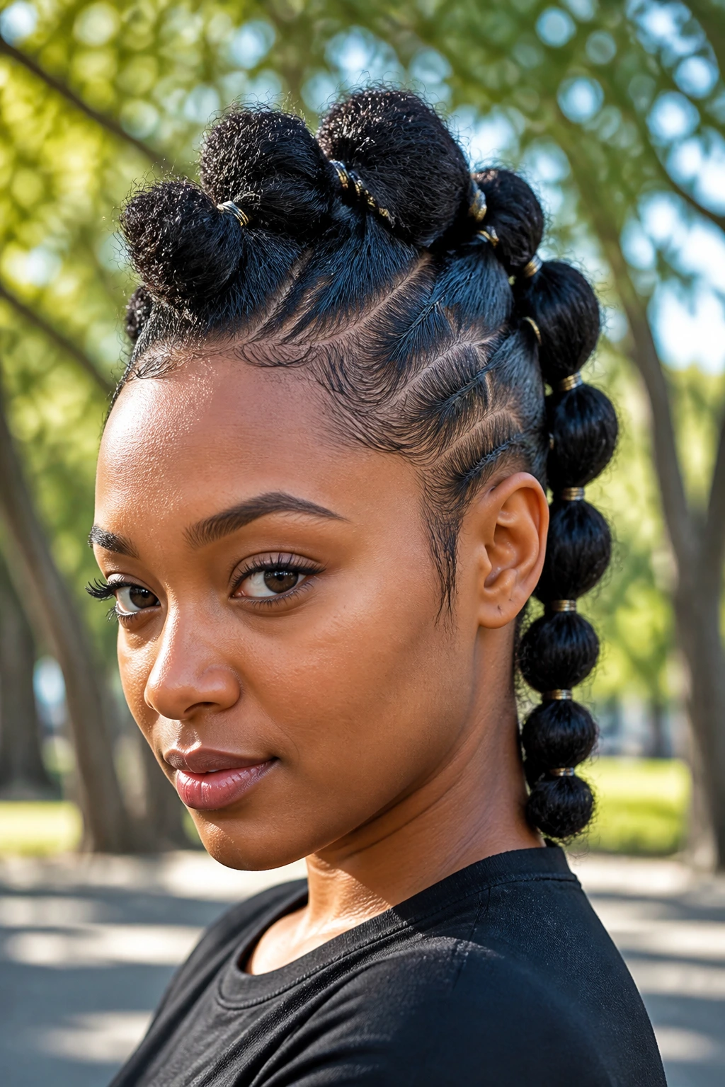 Close-up portrait of a real person with bubble braids forming a mohawk