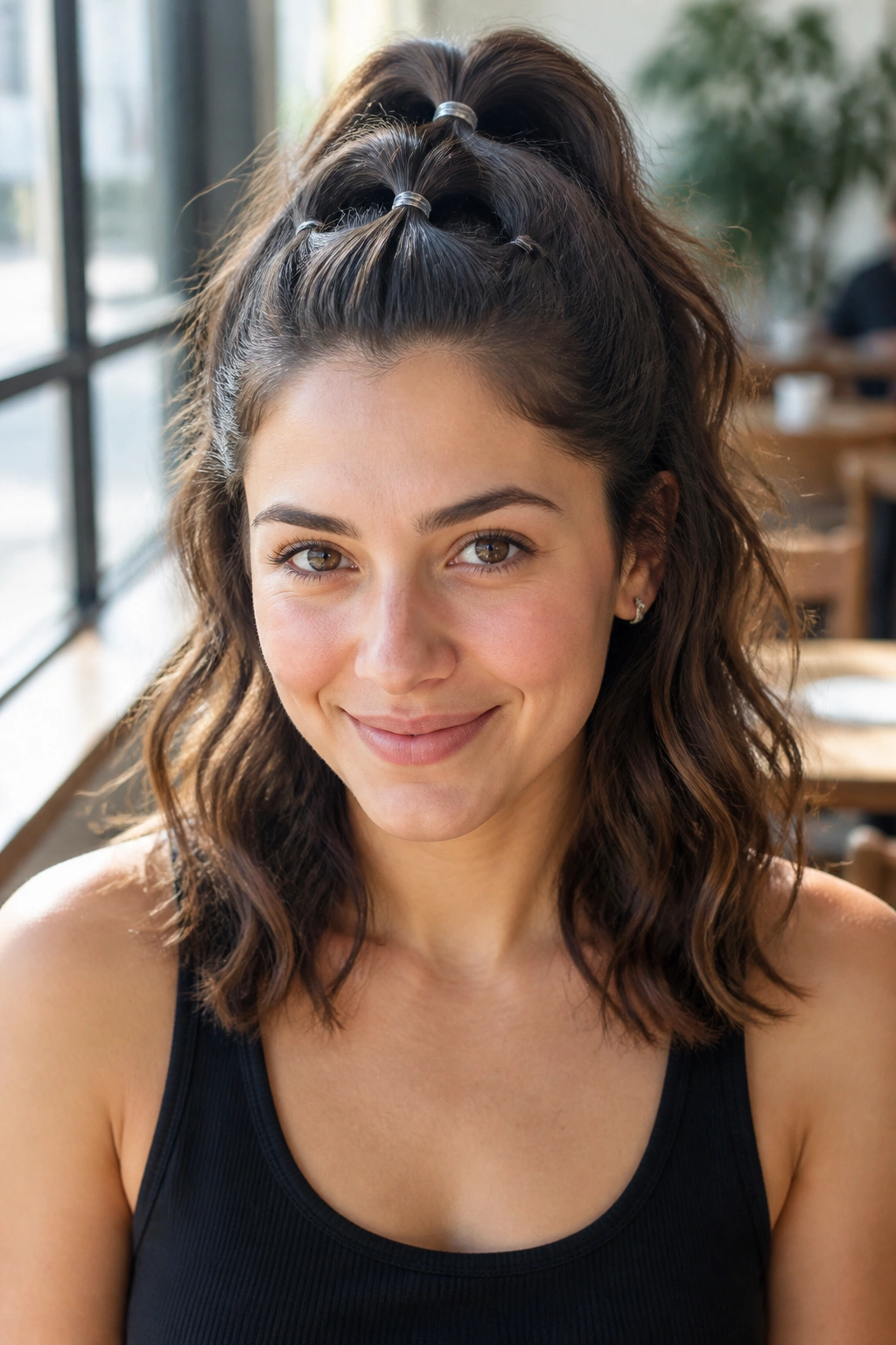 Close-up of a real woman with a bubble half-up ponytail with elastics