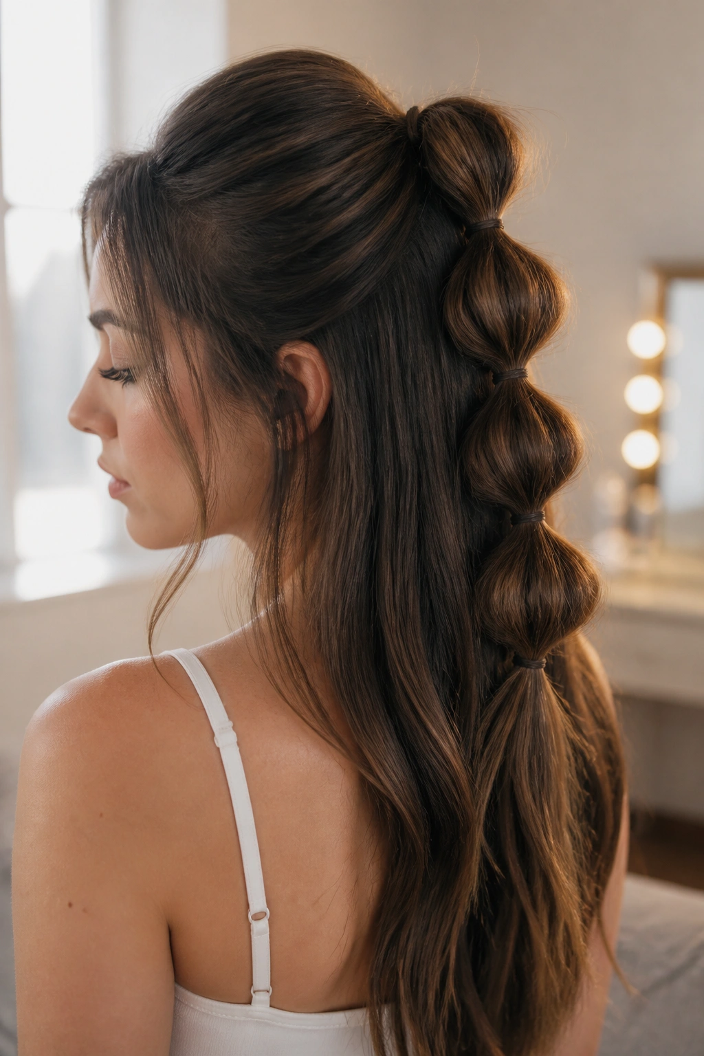 Close-up of a real woman with Bubble Half-Up Ponytail with Sculpted Sections