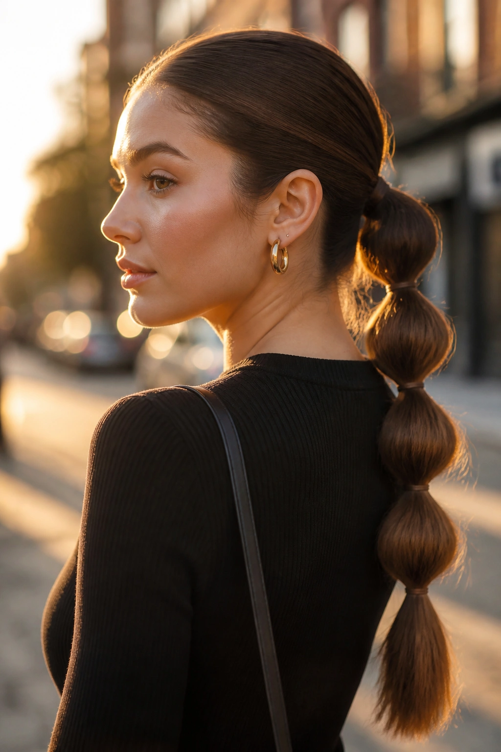 Close-up of a woman with a bubble low ponytail
