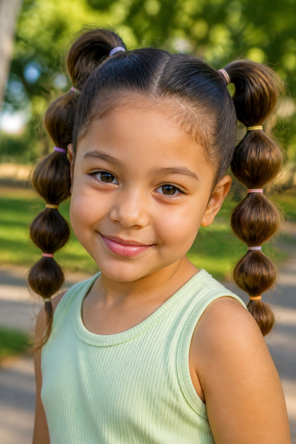 Real girl with bubble high pigtails outdoors in natural light.