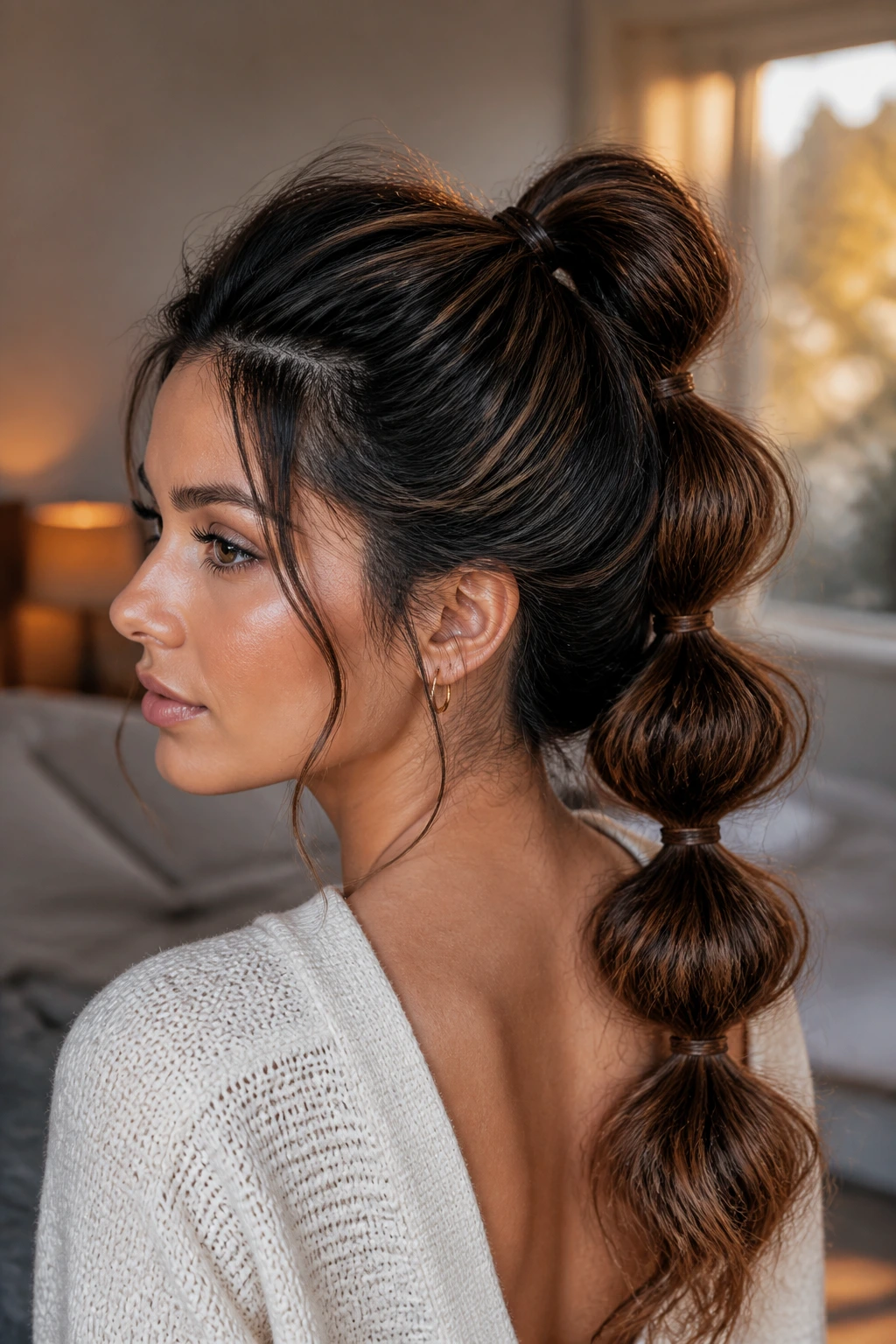 Close-up portrait of a real woman with an undone textured bubble ponytail for thick hair
