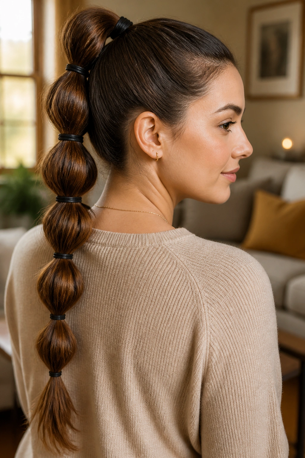 Real woman with bubble ponytail showing segmented rounded bubbles along the tail.